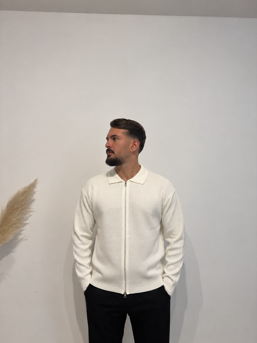 Cardigan polo zip panna