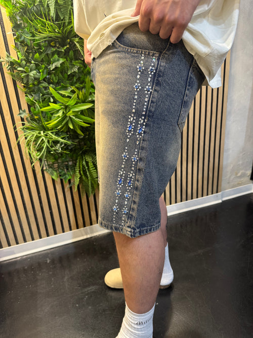 Bermuda in denim con strass washed blue